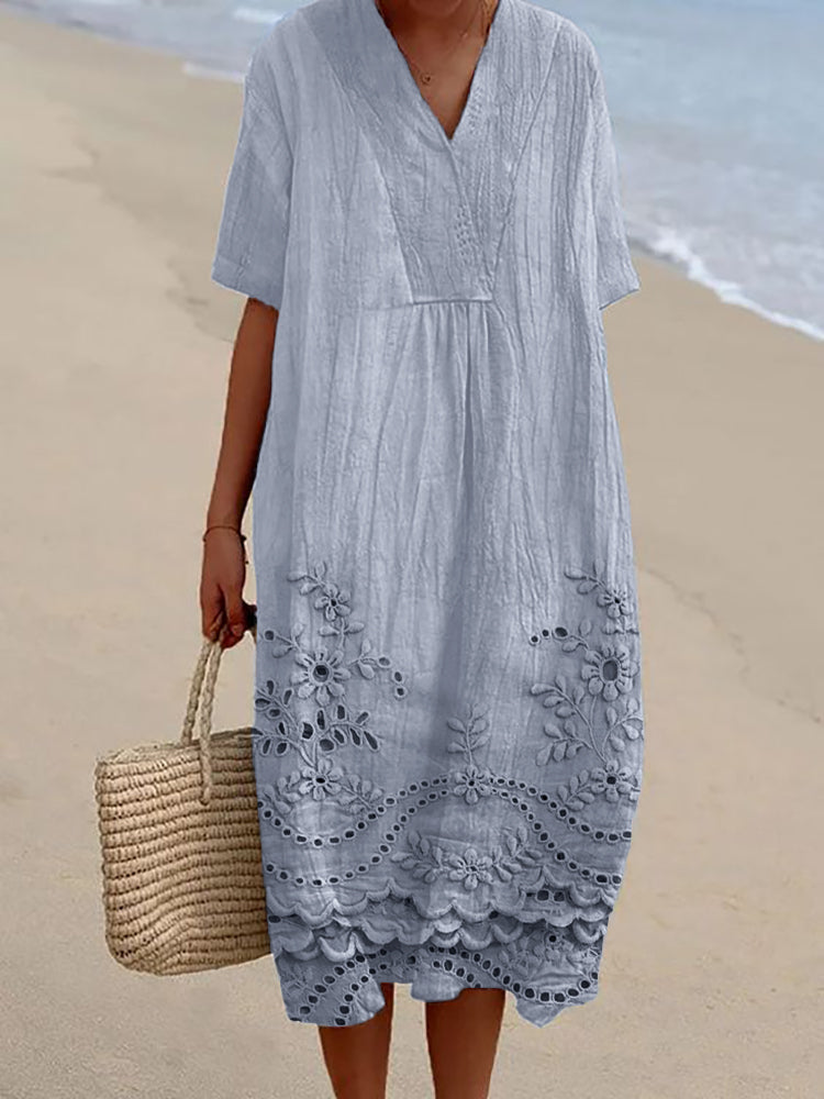 Comfortable women's bohemian midi dress in a chic, flowing style. Perfect casual summer outfit for everyday wear.