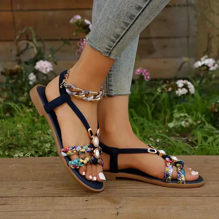 Women's boho beaded slip-on summer sandals, perfect for casual style & vacation.