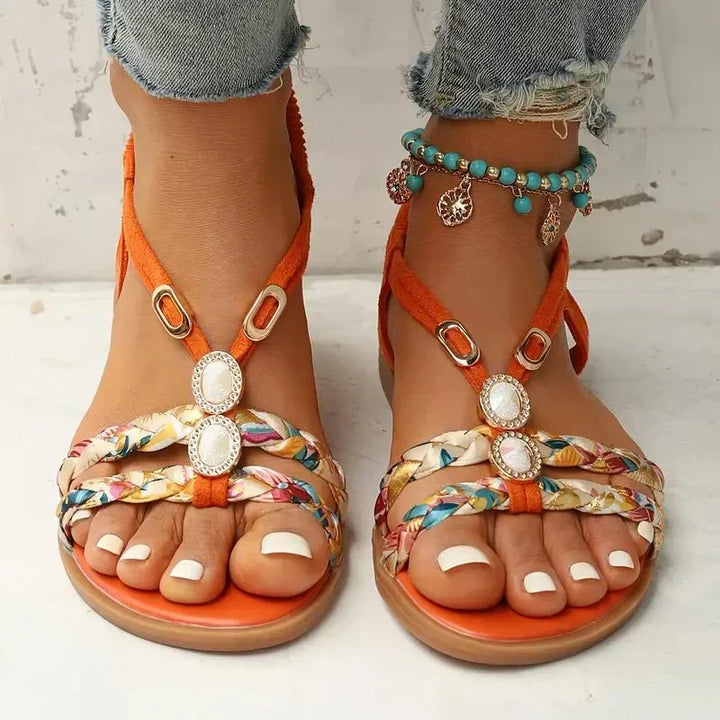 Detailed beaded women's slip-on boho sandals, comfortable for summer beach & casual wear.
