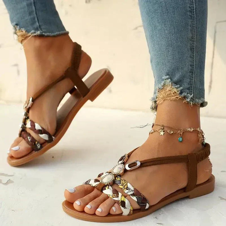 Comfortable women's boho beaded slip-on sandals, ideal for summer beach & casual wear.
