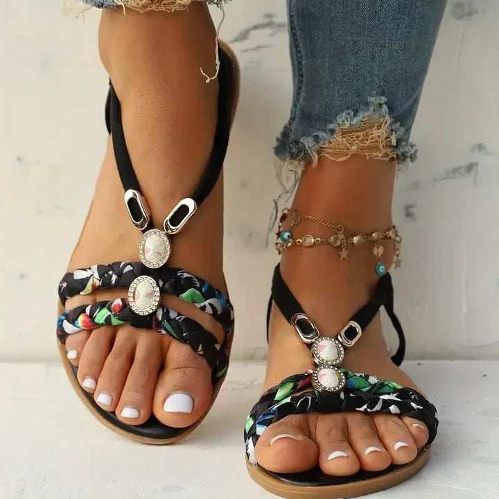 Amira women's boho beaded slip-on summer sandals, flat & comfortable for vacation.