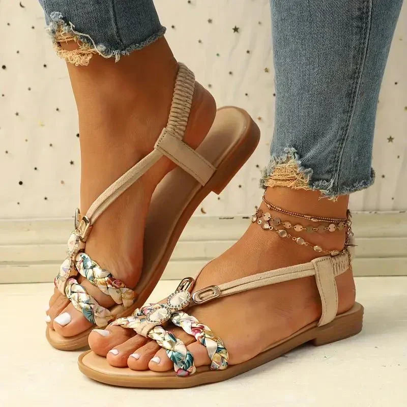 Flat women's boho beaded casual sandals, slip-on style for effortless summer wear.