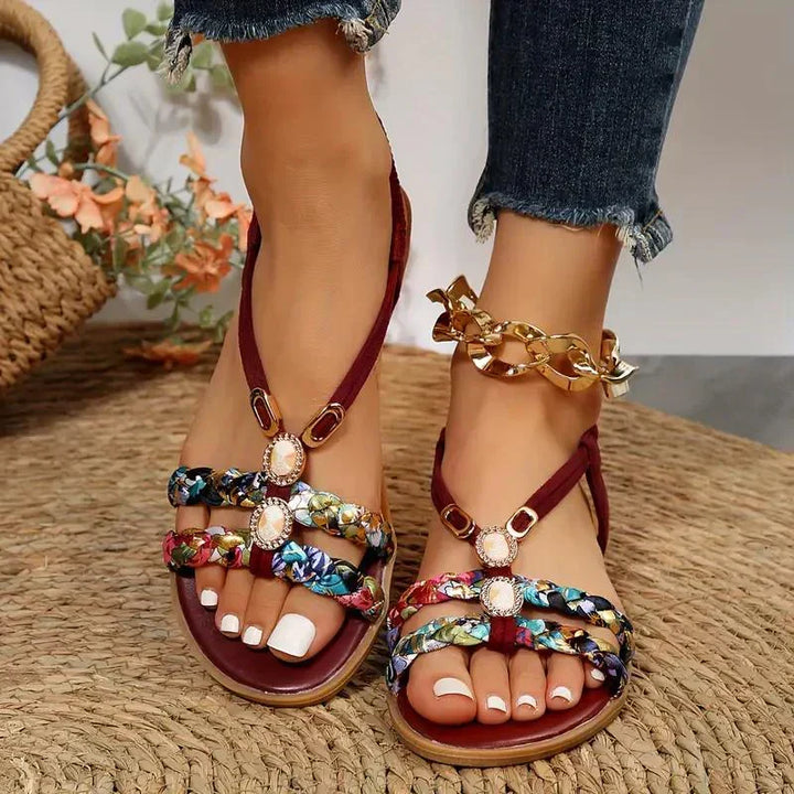 Women's boho beaded vacation sandals, slip-on comfort for beach and casual summer days.
