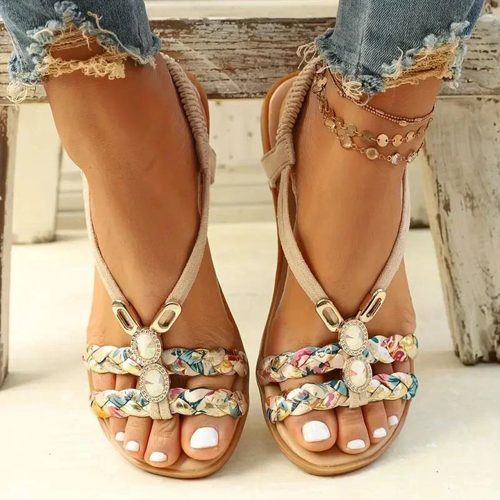 Women's comfortable flat boho beaded slip-on sandals, ideal for summer beach & casual outfits.