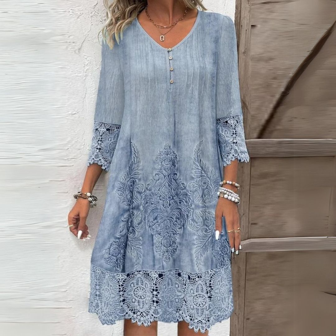Women's boho embroidered midi dress with delicate lace trim & V-neck, perfect for summer casual wear.