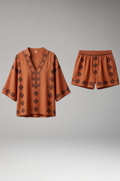 Women's boho embroidered V-neck top & shorts set, ideal for summer vacation and resort wear.