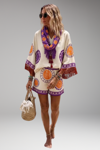 Comfy women's boho shorts set featuring a pretty embroidered V-neck top, perfect for warm weather.