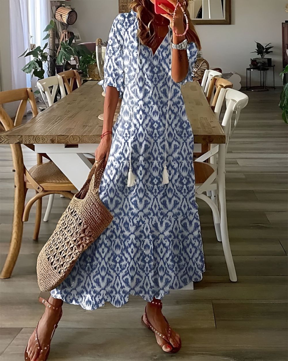 Women's boho floral maxi dress, perfect for summer vacations & beachwear. Elegant & flowy long style.