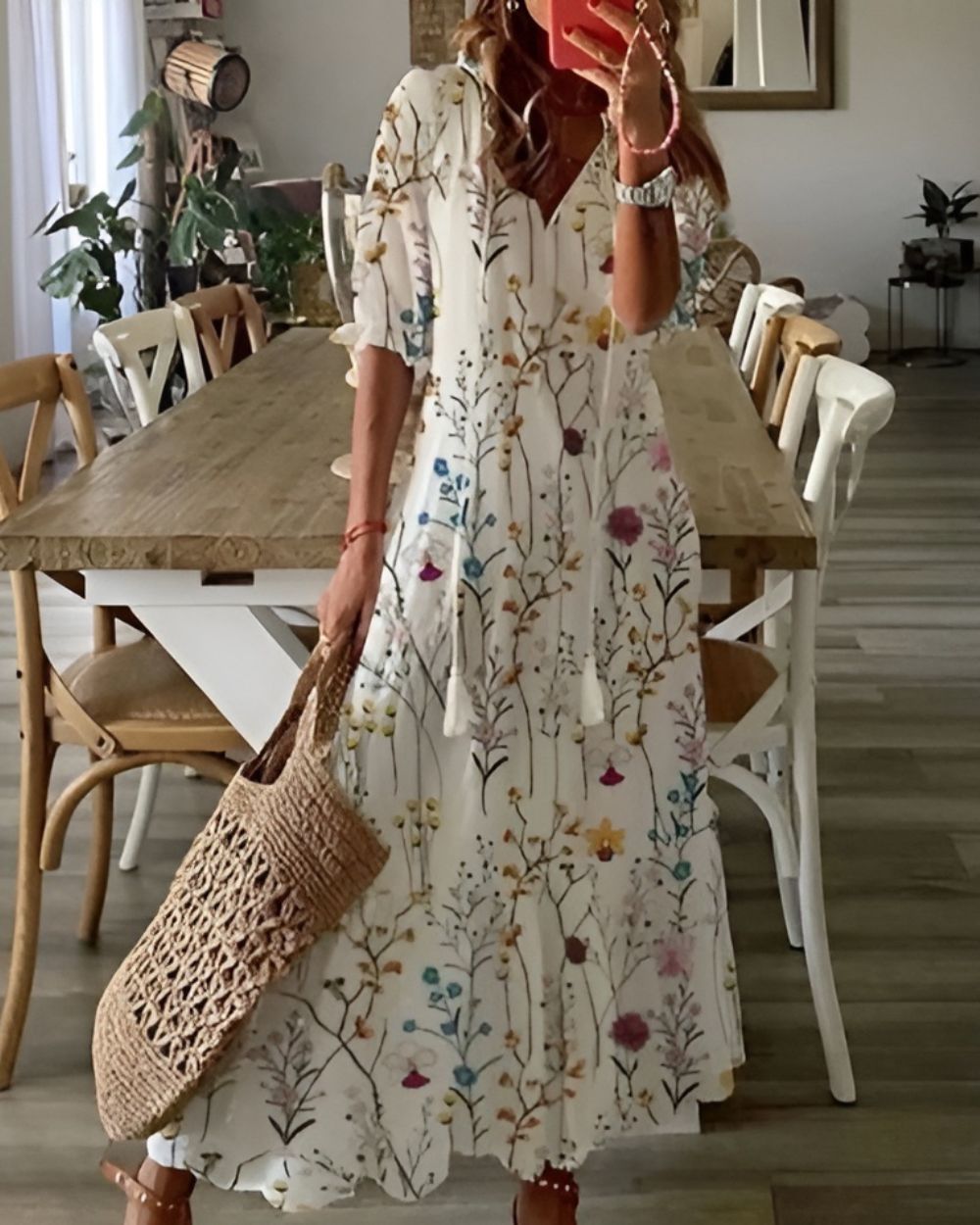 Women's summer boho floral maxi dress, a long flowy design perfect for beach & vacation style.