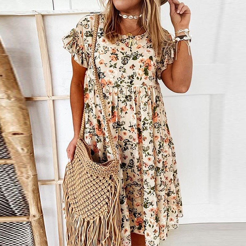 Women's boho floral midi dress with ruffles & fitted waist. Perfect for summer, vacation, or casual elegant style.