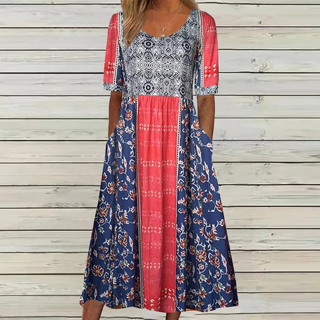 Stylish women's print midi dress with a boho floral pattern, short sleeves, and an elegant gathered waist. Great for everyday.