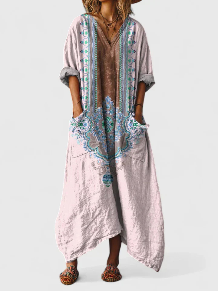 Printed boho maxi dress, women's V-neck with stylish 3/4 sleeves and a functional front pocket design.