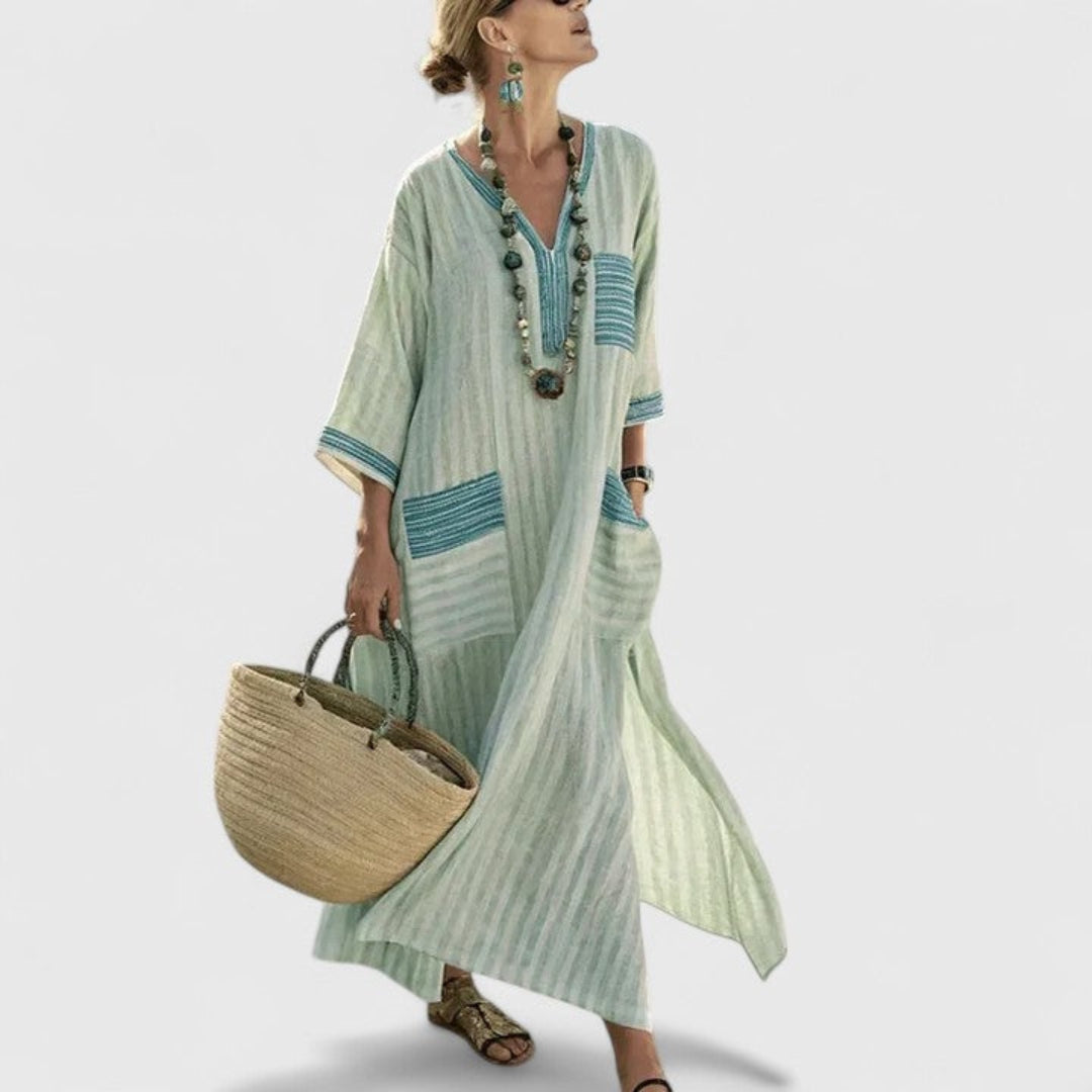 Women's Boho Striped Maxi Dress, V-Neck, loose fit for beach or casual summer wear.