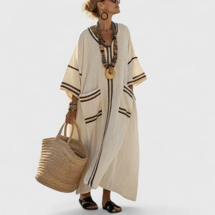 Boho striped V-neck maxi dress for women, loose fit kaftan perfect for beach & resort wear.