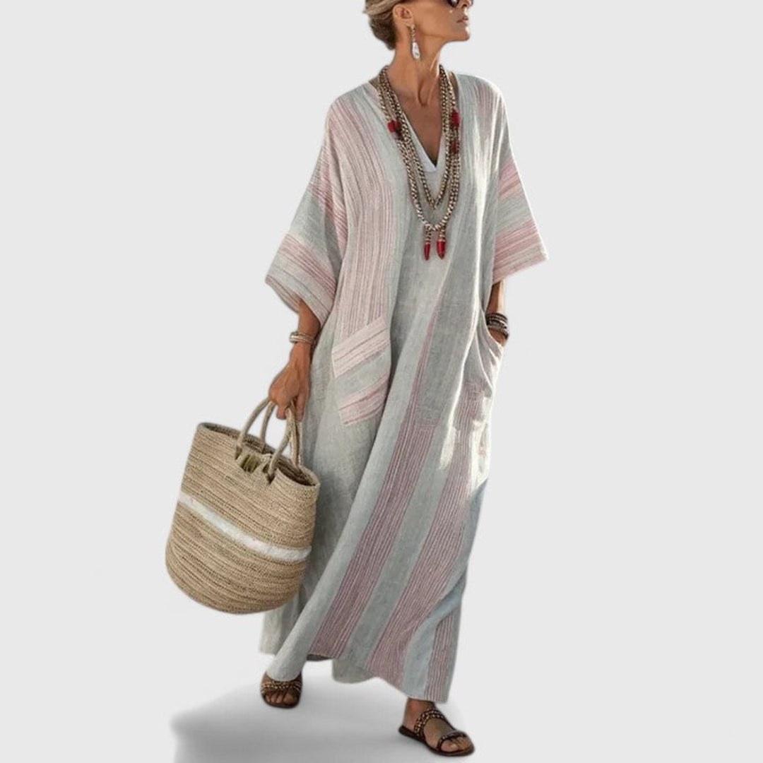 Relaxed fit women's boho striped V-neck maxi dress, perfect resort wear or beach kaftan for summer.
