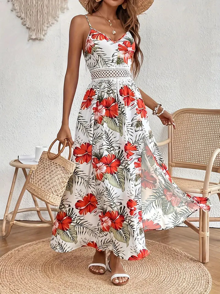 Elegant women's tropical maxi wedding guest dress, flowy V-neck boho style ideal for beach parties & summer events.