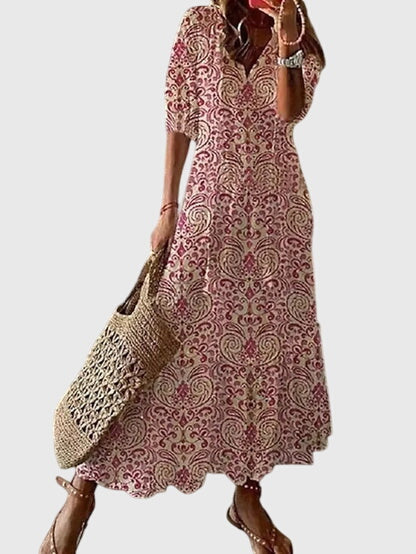 Effortless women's boho vintage maxi dress, chic v-neck design, perfect for summer fashion & casual wear.
