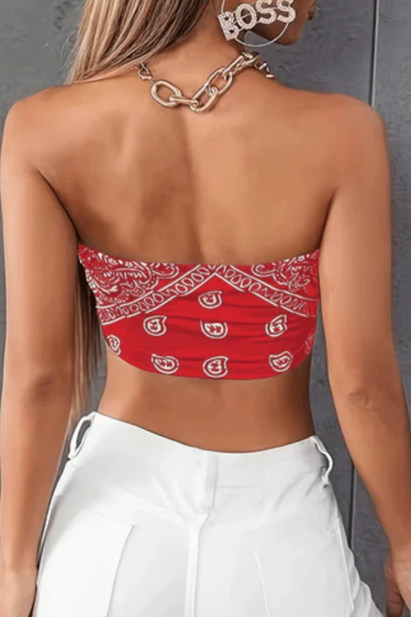 Trendy women's asymmetrical paisley tube top. Strapless bandeau design ideal for summer casual or vacation wear.