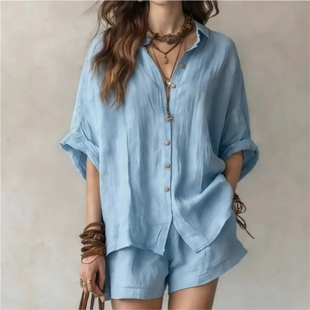 Women's breathable 2-pc lounge set. Comfortable, relaxed fit shorts & top for casual summer wear.