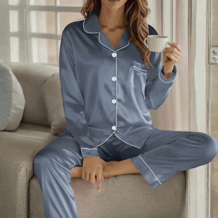 Breathable women's button front pajama set, soft comfort sleepwear designed for ultimate relaxation.