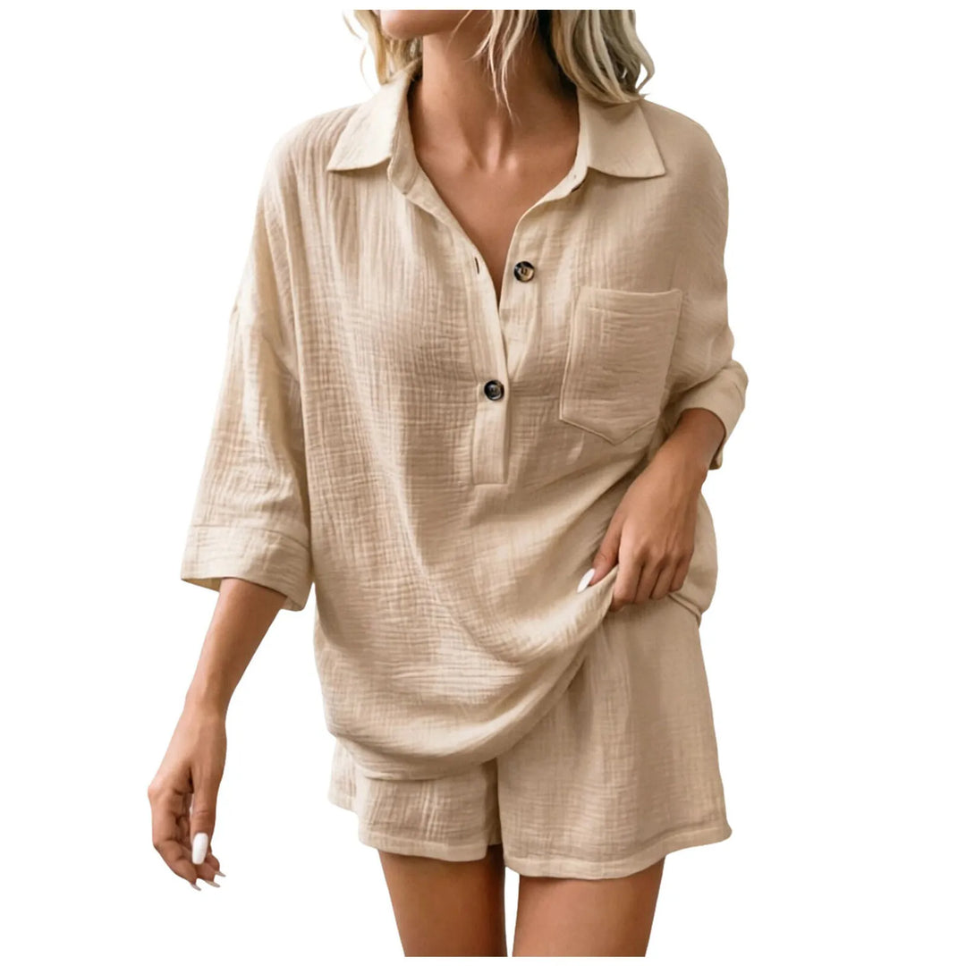 Women's breathable relaxed-fit beach short set with collared shirt & drawstring shorts, perfect for summer vacation.