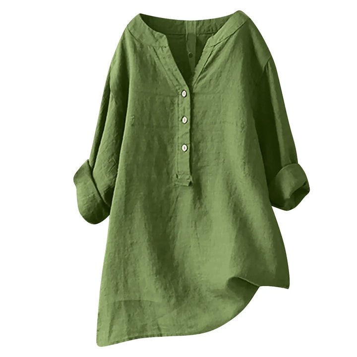 Ladies' breezy button-up shirt, v-neck short sleeve summer top, relaxed fit for warm weather.