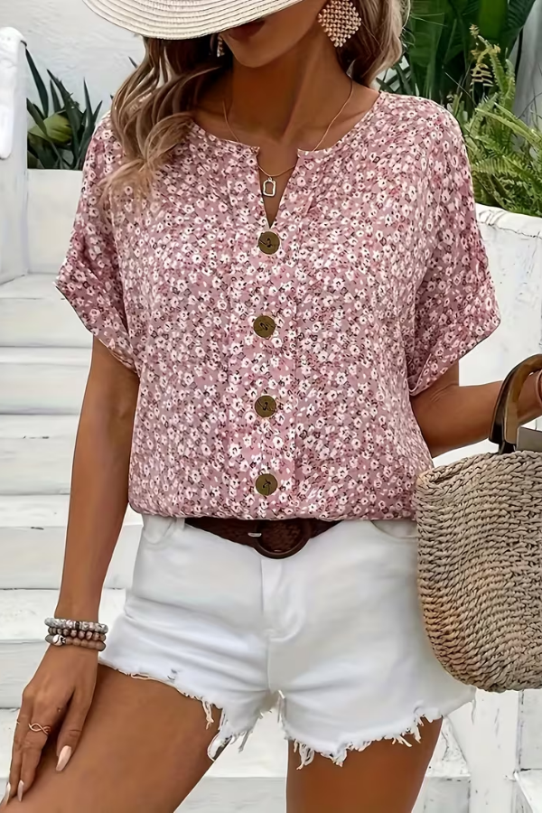 Women's breezy floral print short sleeve blouse for effortless summer style & casual wear.
