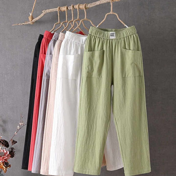 Women's comfortable high-waist pull-on pants, breezy straight leg, perfect for relaxed summer fashion & everyday wear.