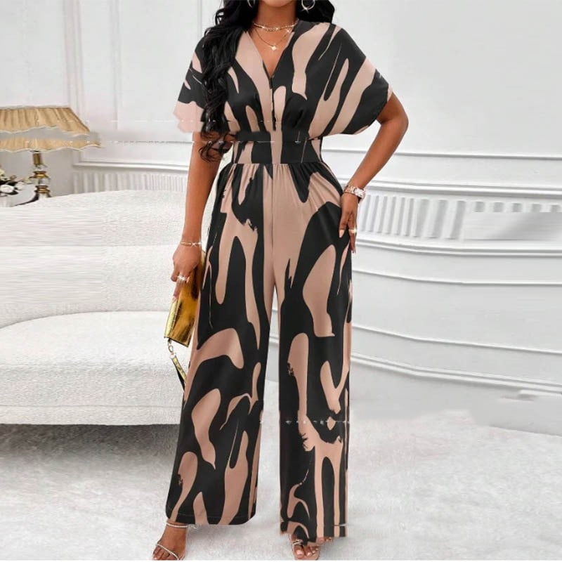 Women's breezy printed V-neck jumpsuit for summer. Loose fit, perfect for casual outfits, beachwear, or vacation fashion.