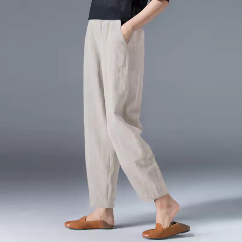 Versatile women's travel pants; comfortable, relaxed fit summer trousers for everyday wear.