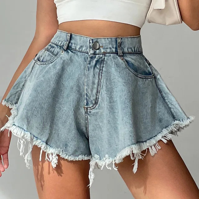 Women's Breezy Wide Leg Denim Summer Shorts in light blue, perfect for casual beachwear and vacation fashion.