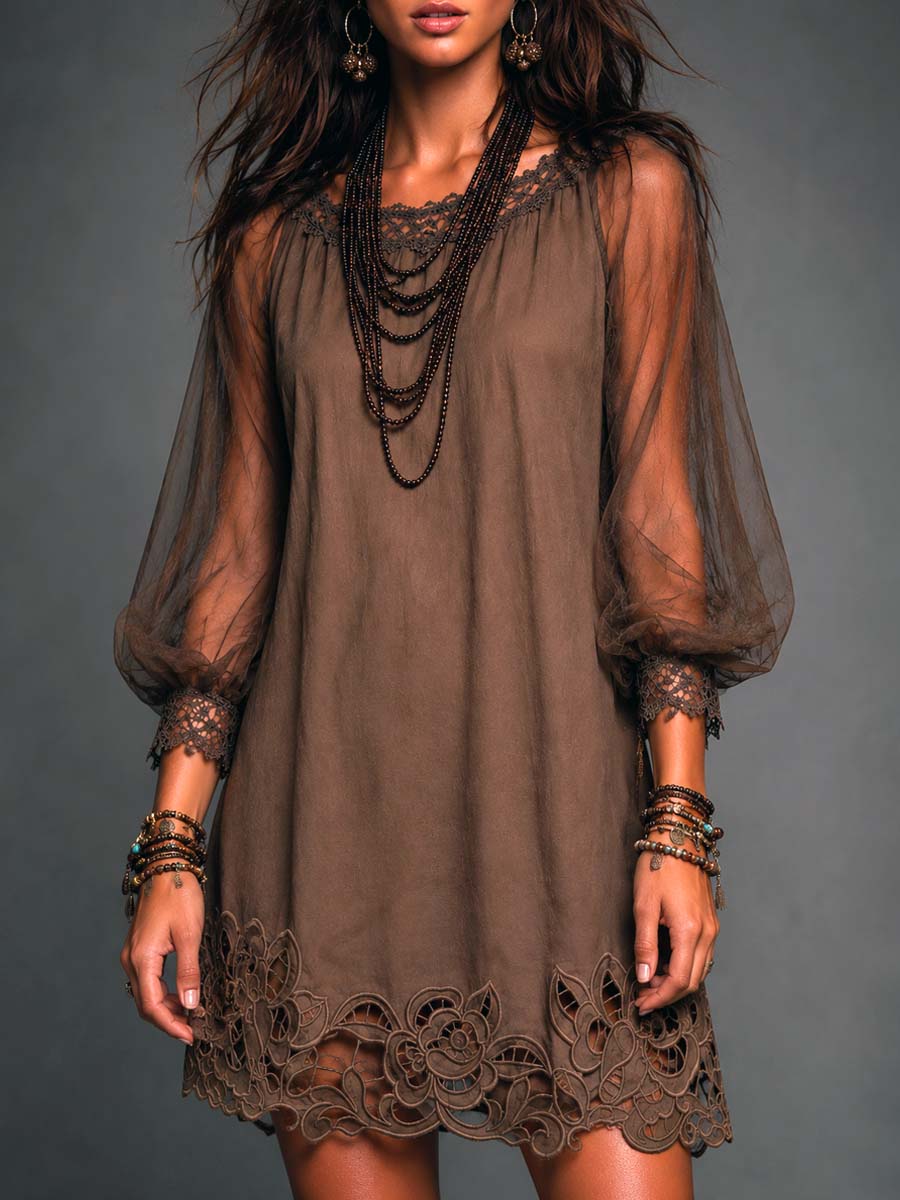 Women's brown boho mini dress with sheer long sleeves & crochet hem. Ideal for summer, vacation, or casual wear.
