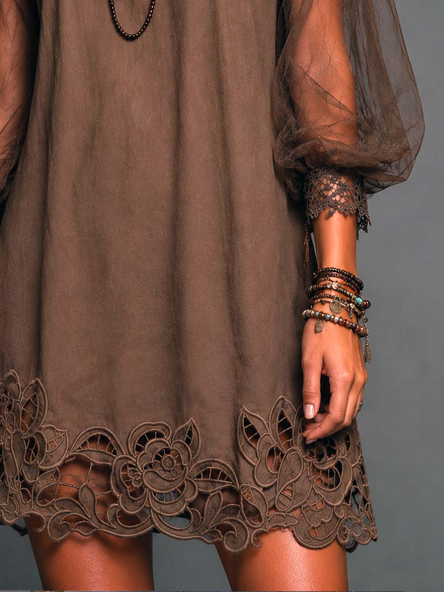 Casual women's brown boho tunic mini dress with sheer long sleeves & delicate crochet hem. Perfect summer outfit.