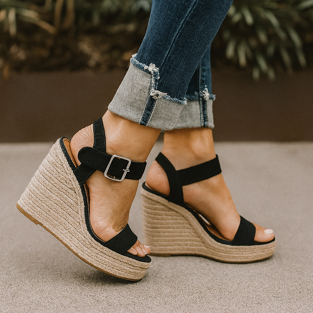 Stylish black open toe wedge sandals, perfect women's footwear for fashion-forward looks