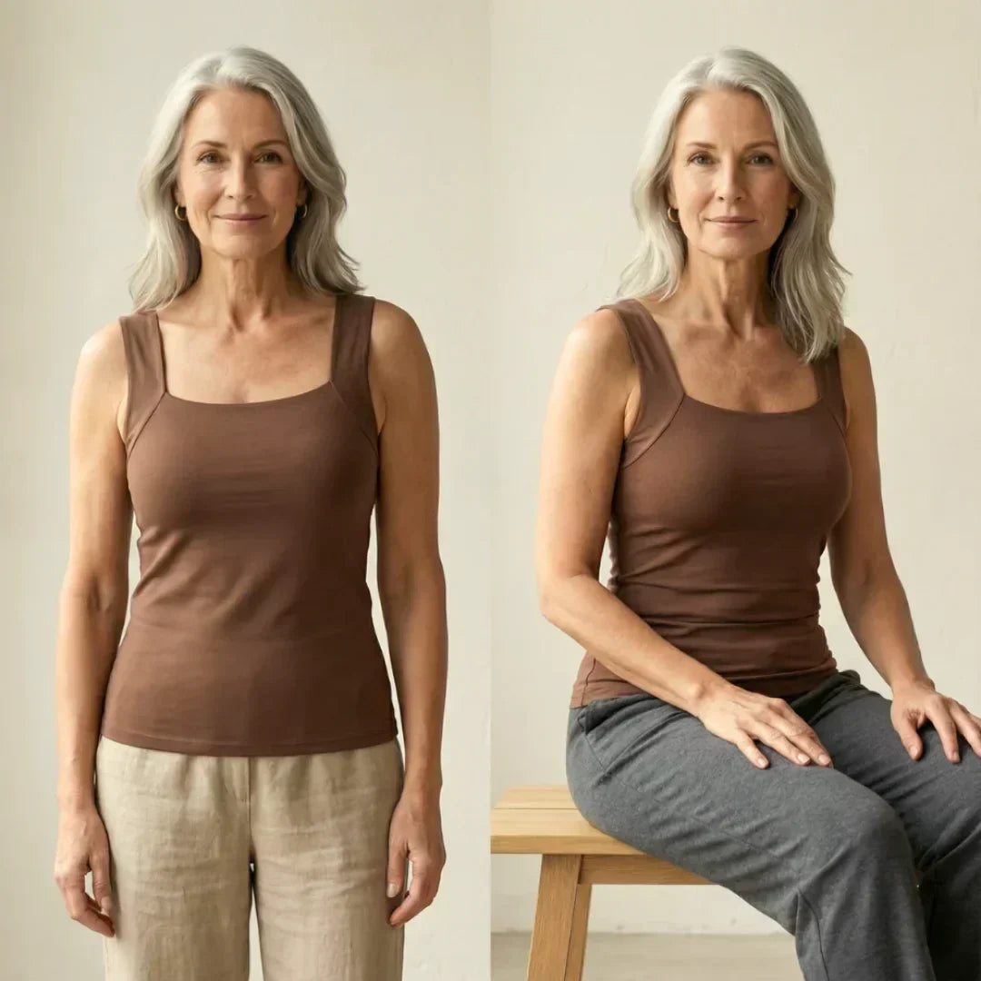 Versatile women's support tank, a sleeveless top with built-in bra for active lifestyles.