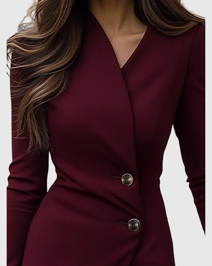 Versatile women's long sleeve burgundy wrap midi dress, ideal for casual chic or formal events.