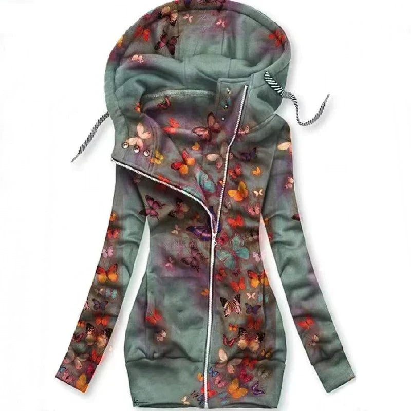 Women's Butterfly Art Cardigan: cozy knit with unique butterfly design & stylish contrast trim. Perfect for fall fashion.