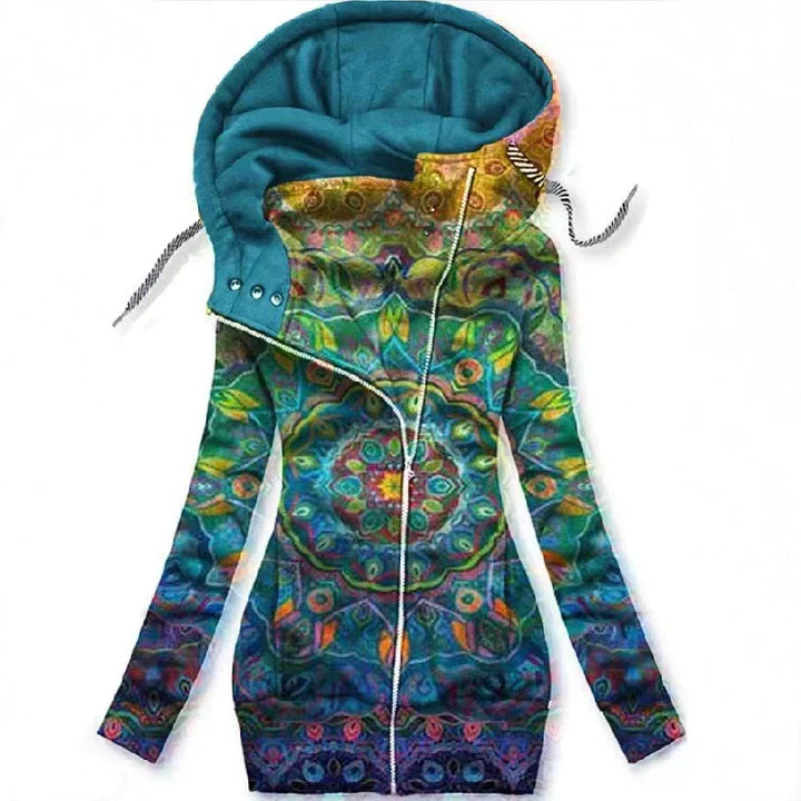 Cozy women's butterfly art cardigan, a warm knit sweater ideal for fall & winter leisure wear. Features unique design.