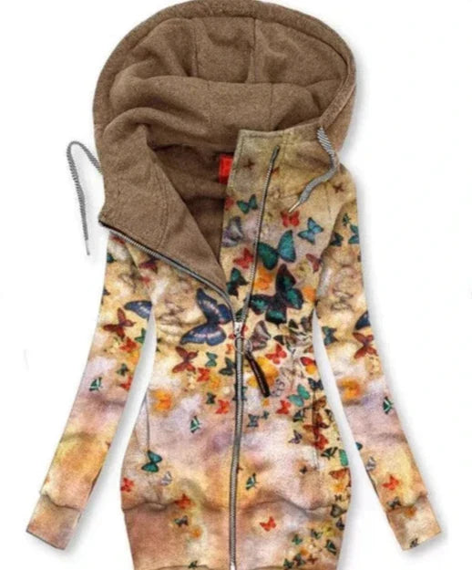 Unique women's butterfly art cardigan, a cozy knit sweater with a distinctive butterfly pattern & stylish contrast trim.