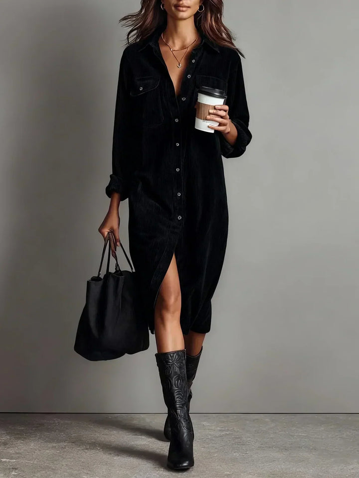 Chic women's shirt dress with button-down front & dual pockets, ideal for versatile casual everyday wear.
