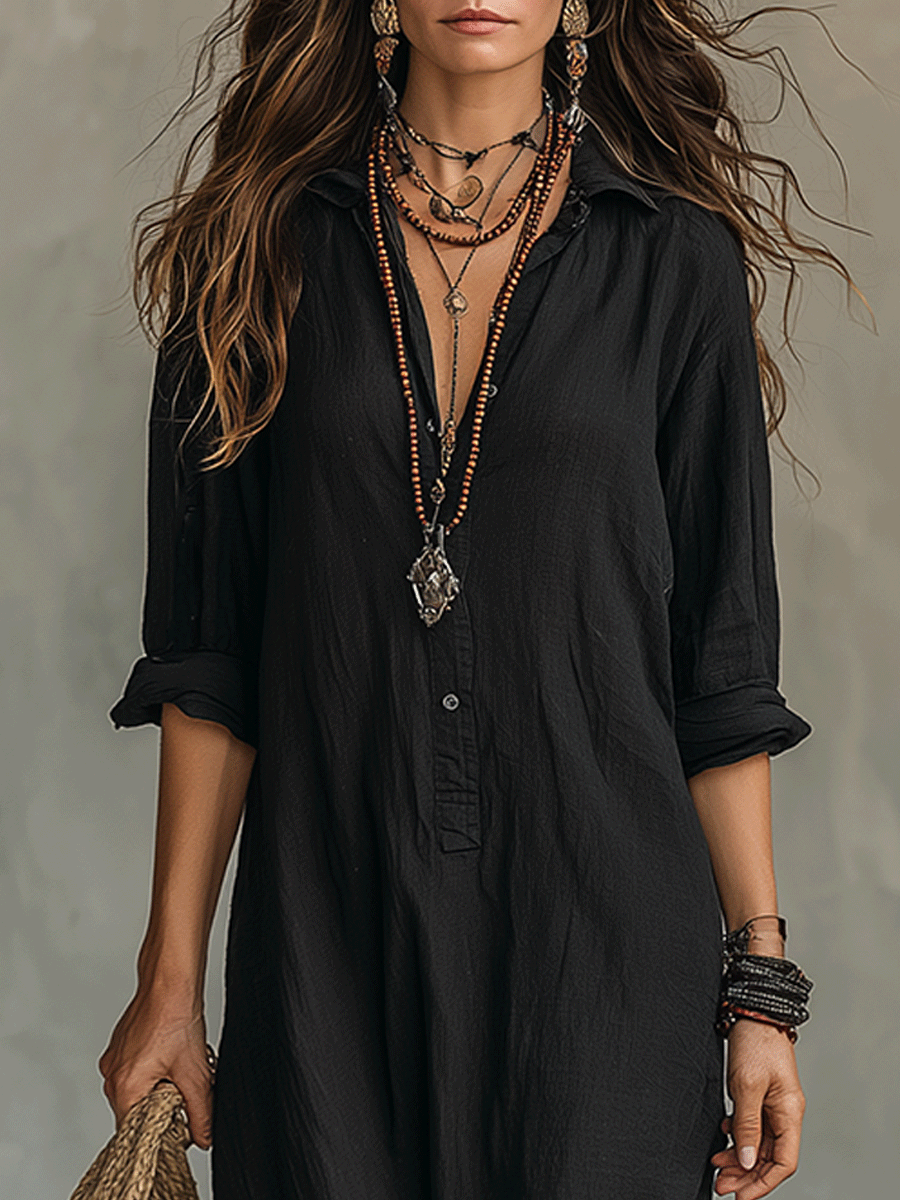 Flowy, relaxed fit women's long dress. Button-front bohemian style, day-to-night versatility.