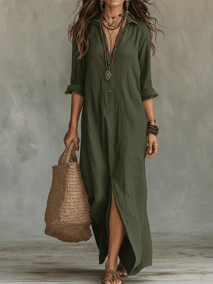 Versatile women's bohemian maxi dress, button-front style. Effortless day-to-night elegance.