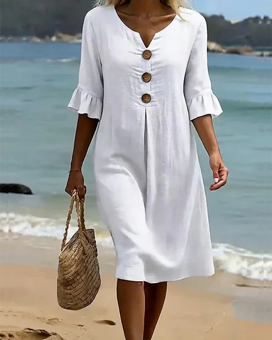 Chic women's button-front midi dress, ideal for summer vacations and comfortable relaxed fit.