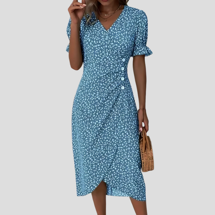 Women's button front floral midi dress with V-neck and puff sleeves, perfect for spring casual wear.