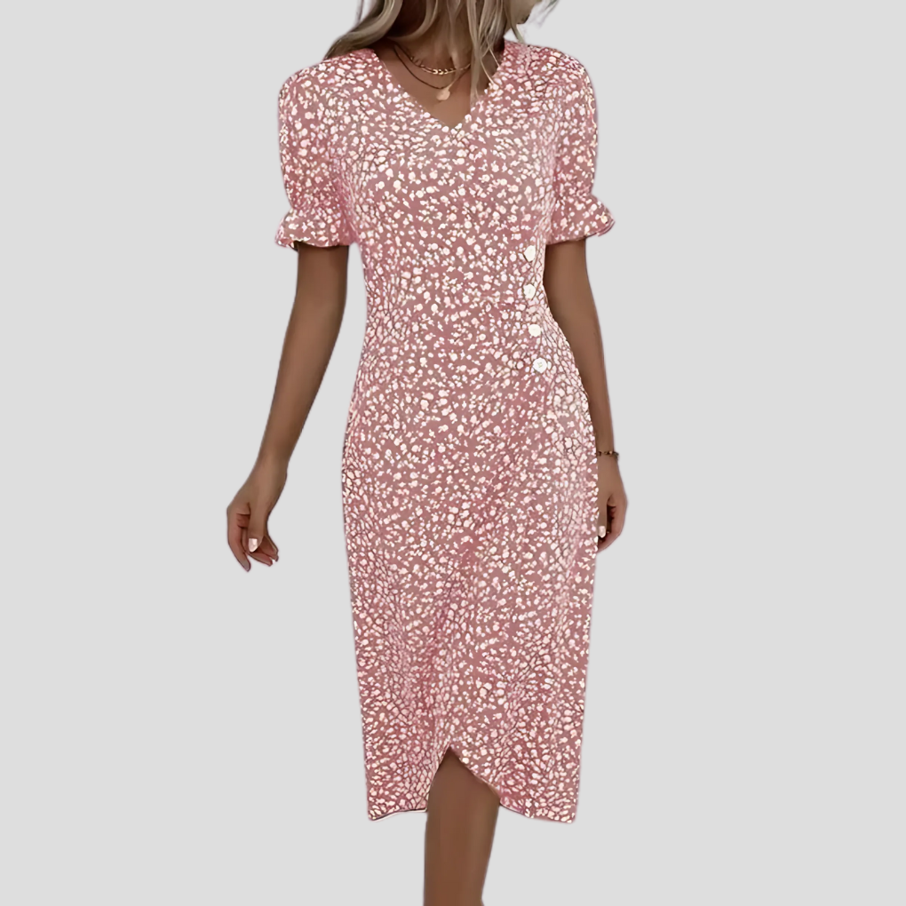 Chic floral midi dress for women, featuring a button front, V-neck, and stylish puff sleeves.