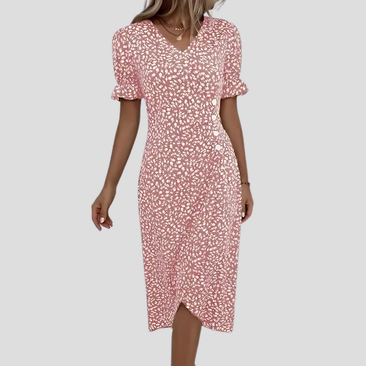 Chic floral midi dress for women, featuring a button front, V-neck, and stylish puff sleeves.
