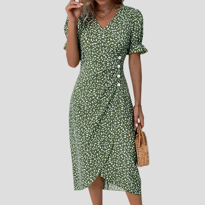 Beautiful women's floral midi dress, button front, with V-neckline and puff sleeves, great for summer.