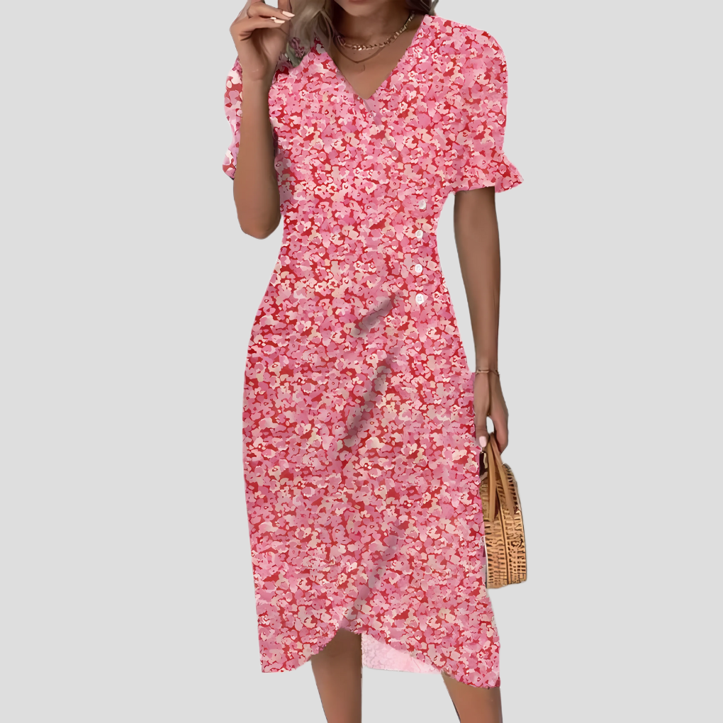 Stylish women's floral midi dress, button front, V-neck, puff sleeves, an elegant summer vacation dress.