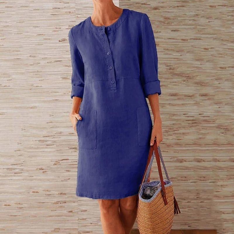 Women's button-front midi shift dress with pockets, 3/4 sleeves, perfect for casual summer everyday wear.