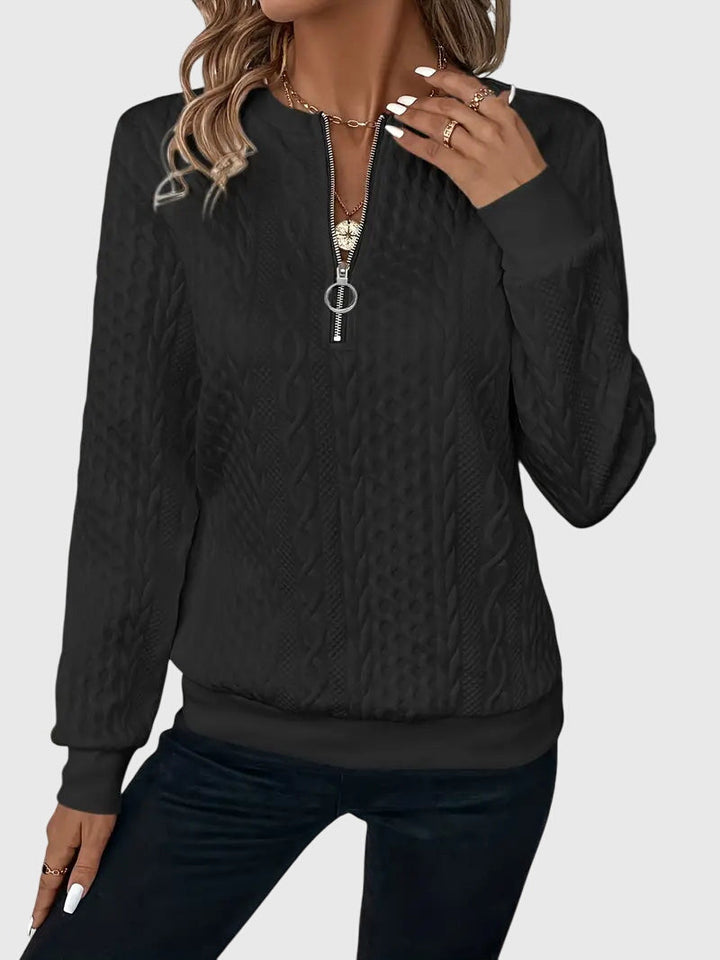 Women's cable knit quarter-zip sweater, a sophisticated layering piece for effortless elegance.